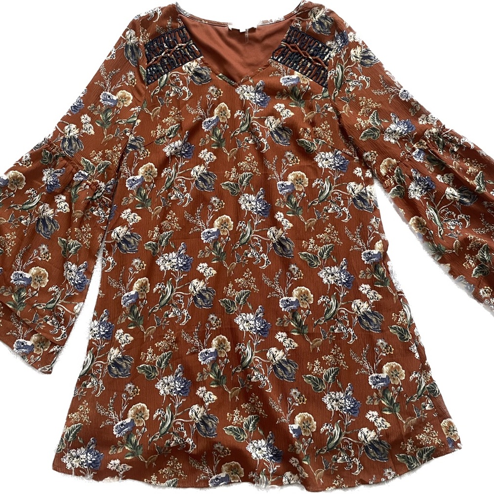 Brown Boho Bell Sleeve Floral Dress